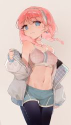 Rule 34 | 1girl, arknights, bare shoulders, bike shorts, black legwear, blue eyes, blue poison (arknights), blue poison (shoal beat) (arknights), braid, breasts, earrings, grey background, hairband, highres, jacket, jewelry, light smile, looking at viewer, off shoulder, pink hair, qian zhuan du heng, shorts, simple background, solo, sports bra, twin braids
