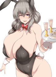 Rule 34 | 1girl, absurdres, animal ears, bare shoulders, bow, bowtie, breasts, cake, cameltoe, cleavage, cup, curvy, detached collar, wrist cuffs, drinking glass, fake animal ears, food, grey hair, groin, hair between eyes, hair over shoulder, hairband, highres, huge breasts, leotard, long hair, looking at viewer, mature female, one eye closed, open mouth, playboy bunny, plump, purple eyes, rabbit ears, rabbit tail, red bow, red bowtie, serving, sidelocks, smile, solo, thick thighs, thighs, tray, tsukasawa takamatsu, uzaki-chan wa asobitai!, uzaki tsuki, wide hips