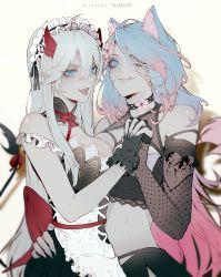 Rule 34 | 2girls, animal ear fluff, animal ears, arm around waist, black gloves, blue hair, blue nails, breasts, choker, cleavage, commentary, commission, demon girl, demon tail, english commentary, flower, flower choker, gloves, gradient hair, hair between eyes, highres, holding hands, horns, licking lips, long hair, looking at viewer, looking up, medium breasts, midriff, multicolored hair, multiple girls, nail polish, open mouth, pink flower, pink hair, pink nails, second-party source, silvervale, silvervale (4th costume), tail, the cecile, tongue, tongue out, vei (vtuber), vei (vtuber) (4th costume), very long hair, virtual youtuber, vshojo, white hair