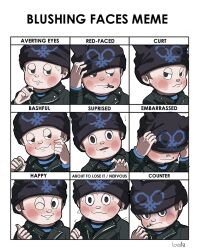 Rule 34 | !, 1boy, animal ear headwear, animal ears, artist name, beanie, black eyes, black hat, black jacket, black shirt, black sleeves, blue shirt, blush, blush stickers, brown hair, buttons, candy stick, cat ears, clenched hand, closed mouth, collared jacket, commentary, covered eyes, danganronpa (series), danganronpa v3: killing harmony, embarrassed, fake animal ears, food, food in mouth, frown, full-face blush, half-closed eyes, hand on headwear, hand on own cheek, hand on own face, hat, highres, holding, holding food, hoshi ryoma, jacket, layered sleeves, leather, leather jacket, loiodg, long sleeves, looking at viewer, looking to the side, male focus, multiple drawing challenge, multiple views, nervous, nervous sweating, one eye closed, open mouth, outstretched hand, parted lips, pout, shaded face, shirt, short hair, simple background, smile, striped clothes, striped shirt, sweat, teeth, thumbs up, trembling, two-tone shirt, upper body, upper teeth only, v-shaped eyes, wavy mouth, white background, wide-eyed, zipper