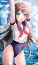 Rule 34 | 1girl, absurdres, arms up, blue eyes, blue one-piece swimsuit, blue sailor collar, blue sky, brown hair, cloud, cowboy shot, day, highleg, highleg swimsuit, highres, long hair, looking at viewer, nail polish, neckerchief, new school swimsuit, no pants, one-piece swimsuit, original, outdoors, red neckerchief, sailor collar, sailor shirt, school swimsuit, school uniform, serafuku, shirt, short sleeves, sky, smile, solo, swimsuit, swimsuit under clothes, syuma
