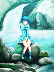 Rule 34 | 1girl, :d, bag, blue eyes, blue hair, boots, closed eyes, female focus, highres, hinohoshi ataru, kawashiro nitori, matching hair/eyes, no headwear, no headwear, open mouth, rock, sany, short hair, sitting, smile, solo, touhou, twintails, two side up, water