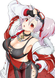 Rule 34 | 1girl, :o, absurdres, arm up, armpits, azur lane, black choker, black gloves, black overalls, black sports bra, breasts, chain necklace, choker, cleavage, clothing cutout, coat, collarbone, commentary request, cowboy shot, cross, fingerless gloves, fur-trimmed coat, fur trim, gloves, goggles, goggles on head, hair between eyes, hand on own hip, highres, holding, holding wrench, iron cross, jewelry, large breasts, long hair, long sleeves, looking at viewer, midriff, multicolored hair, necklace, nukege ojisan, off shoulder, open clothes, open coat, open mouth, overalls, partial commentary, prinz adalbert (azur lane), red eyes, red hair, sidelocks, simple background, single bare shoulder, solo, sports bra, standing, streaked hair, thigh cutout, torn clothes, twintails, white background, white coat, white hair, wrench