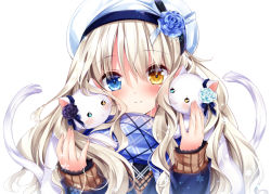 Rule 34 | 1girl, animal, beret, black necktie, black ribbon, blue eyes, blue flower, blue jacket, blue rose, blue scarf, blush, brown sweater, cat, closed mouth, commentary request, flower, hair between eyes, hat, head tilt, heterochromia, jacket, long sleeves, looking at viewer, necktie, nogi takayoshi, open clothes, open jacket, original, plaid, plaid scarf, purple flower, purple rose, ribbon, rose, scarf, simple background, sleeves past wrists, snowflakes, solo, sweater, white background, white hat, white ribbon, yellow eyes