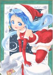 Rule 34 | 1girl, absurdres, blue eyes, blue hair, christmas, commentary request, dress, elbow gloves, fur-trimmed dress, fur-trimmed headwear, fur trim, gloves, gradient hair, hat, highres, kantai collection, long hair, marker (medium), multicolored hair, red dress, red gloves, red thighhighs, sack, samidare (kancolle), santa costume, santa dress, santa hat, solo, swept bangs, thighhighs, traditional media, very long hair, yuuki chima, zettai ryouiki