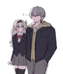 Rule 34 | 1boy, 1girl, arms at sides, black hairband, black jacket, black thighhighs, blazer, blue pupils, blush, bow, bowtie, caelus (honkai: star rail), closed mouth, commentary, cowboy shot, eighth note, firefly (honkai: star rail), grey hair, grey pants, grey skirt, hair intakes, hairband, hands in pockets, highres, honkai: star rail, honkai (series), hood, hood down, hooded jacket, humming, jacket, legs together, long hair, long sleeves, looking ahead, looking at another, miniskirt, musical note, open clothes, open jacket, orange eyes, pants, pleated skirt, red bow, red bowtie, sa (onksicya45), short hair, side-by-side, sidelocks, simple background, skirt, straight hair, thighhighs, trailblazer (honkai: star rail), white background, yellow jacket, zettai ryouiki