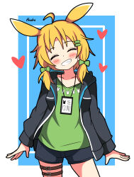 Rule 34 | 1girl, absurdres, animal ears, animal print, arknights, belt, black jacket, black shorts, blonde hair, blush, bow, breasts, facing viewer, green bow, green shirt, grin, hair between eyes, hair bow, happy, heart, hendra, highres, jacket, kroos (arknights), long hair, open clothes, open jacket, outside border, rabbit ears, rabbit girl, rabbit print, shirt, short shorts, shorts, small breasts, smile, solo, thigh belt, thigh strap