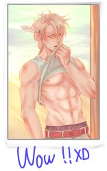 Rule 34 | 1boy, abs, belt, blonde hair, caesar anthonio zeppeli, clothes lift, green eyes, jojo no kimyou na bouken, male focus, muscular, n (ccc 7), photo (object), shirt lift, solo, sweat, tank top, upper body, winged hair ornament