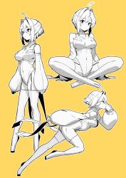Rule 34 | 1girl, absurdres, ahoge, android, breasts, commentary request, covered navel, detached sleeves, full body, green322, hair between eyes, highres, holding, holding phone, indian style, leotard, looking at viewer, medium breasts, monochrome, multiple views, original, phone, short hair, sitting, thighhighs, yellow background