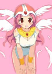Rule 34 | blush, breasts, chunsoft, cleavage, cowboy shot, dragon quest, dragon quest iv, enix, helmet, hima, lucia (dq), miniskirt, pink background, pink eyes, pink hair, skirt, solo, wings