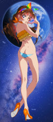 Rule 34 | 1girl, amanogawa kirara, ass, bare shoulders, brown hair, butt crack, earrings, earth (planet), full body, go! princess precure, heart, heart hands, high heels, highres, jewelry, long hair, looking at viewer, multicolored clothes, nadeara bukichi, open mouth, planet, precure, purple eyes, solo, space, star (symbol), star earrings, twintails