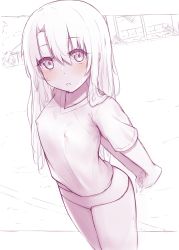 Rule 34 | 1girl, :o, absurdres, blush, bush, collarbone, covered erect nipples, eyebrows, eyelashes, fate (series), female focus, fence, flat chest, hair between eyes, highres, illyasviel von einzbern, long hair, looking at viewer, open mouth, school, school uniform, seven d3t, shirt, solo, sports panties, sportswear, standing, straight hair, stretching, sweat, sweatdrop, thighs, v-neck, window