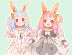 Rule 34 | 2girls, alternate costume, animal ears, black bloomers, black dress, bloomers, blue background, blue hair, blue ribbon, blush, carrot hair ornament, chipochopo324, closed mouth, commentary, curtsey, dress, food-themed hair ornament, hair ornament, kemonomimi mode, kotonoha akane, kotonoha aoi, long hair, looking at viewer, low-tied sidelocks, multiple girls, neck ribbon, one side up, open mouth, outline, pink hair, pom pom (clothes), puffy short sleeves, puffy sleeves, rabbit ears, red eyes, red ribbon, ribbon, see-through, see-through dress, short sleeves, siblings, side-by-side, sidelocks, sisters, skirt hold, smile, sparkle background, symbol-only commentary, underwear, v arms, voiceroid, whiskers, white bloomers, white dress, yellow outline