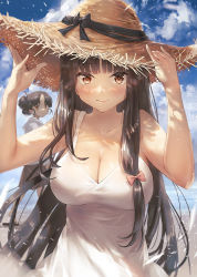 Rule 34 | 2girls, black hair, blush, breasts, brown eyes, cleavage, closed mouth, cloud, cloudy sky, collarbone, day, dress, hat, kantai collection, large breasts, long hair, multiple girls, nisshin (kancolle), shouhou (kancolle), sky, sleeveless, sleeveless dress, smile, straw hat, sun hat, sundress, toka (marchlizard), upper body, very long hair, white dress