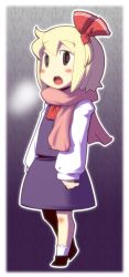 Rule 34 | 1girl, absurdres, black eyes, blonde hair, blush stickers, embodiment of scarlet devil, female focus, hair ribbon, highres, maru-sun, open mouth, outline, ribbon, rumia, scarf, solo, touhou