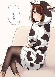 Rule 34 | 1girl, animal costume, animal ears, black pantyhose, blush, brown background, brown eyes, brown hair, brown socks, closed mouth, commentary request, cow costume, cow ears, cow hood, cow horns, ear tag, fake animal ears, fake horns, feet out of frame, highres, horns, kapatarou, looking at viewer, looking back, original, pantyhose, revision, short sleeves, simple background, sitting, socks, socks over pantyhose, solo, translation request