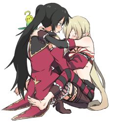 Rule 34 | 2girls, absurdres, barefoot, bird, black hair, blonde hair, blush, closed eyes, closed mouth, detached sleeves, ear blush, grabbing, grabbing another&#039;s breast, hand under clothes, highres, long hair, looking at another, magilou (tales), mizin kosutin, multiple girls, official alternate costume, pants, parrot, pointy ears, ponytail, simple background, striped clothes, striped pants, tales of (series), tales of berseria, thighhighs, velvet crowe, white background, yuri