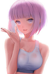Rule 34 | 1girl, :d, aqua pupils, arm at side, bare shoulders, blunt bangs, blush, bob cut, breasts, cleavage, commentary, hand up, highres, large breasts, looking at viewer, open mouth, original, purple eyes, purple hair, ringed eyes, short hair, simple background, smile, solo, sports bra, sportswear, sthk, turning head, white background, white sports bra