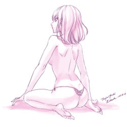 Rule 34 | 1girl, 2016, artist name, ass, barefoot, bed sheet, breasts, closed mouth, dated, dimples of venus, from behind, full body, lineart, medium breasts, monochrome, original, profile, purple theme, shoulder blades, signature, sitting, solo, tenjou tsuki, thong, topless, wariza