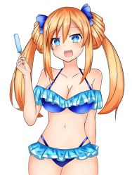 Rule 34 | bare shoulders, bikini, blue eyes, breasts, chaonai2545, chi (artist), cleavage, happy, highres, ice lolly, ice pop, icelolly, icepop, large breasts, long hair, navel, neptune (series), open mouth, orange hair, orange heart (neptunia), popsical, ribbon, stomach, swimsuit, tennouboshi uzume, thighs, twintails