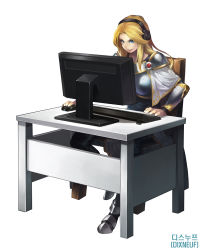 Rule 34 | 1girl, armor, blonde hair, blue eyes, boobplate, breastplate, chair, computer, dixneuf, headphones, highres, league of legends, lux (league of legends), monitor, solo, table