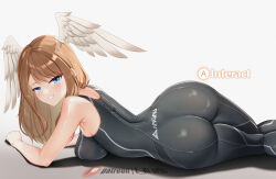 Rule 34 | 1girl, ass, black bodysuit, blue eyes, blush, bodysuit, breasts, brown hair, eunie (xenoblade), head wings, huge ass, large breasts, long hair, looking at viewer, lying, on stomach, patreon logo, smile, solo, twitter username, white wings, wings, xenoblade chronicles (series), xenoblade chronicles 3, z-ki