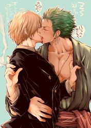 Rule 34 | 2boys, black suit, blonde hair, cigarette, clothes grab, couple, earrings, green hair, green kimono, japanese clothes, jewelry, kimono, licking, licking another&#039;s face, licking another&#039;s lips, male focus, multiple boys, one piece, pectorals, pra (prapon0904), roronoa zoro, sanji (one piece), scar, scar on chest, short hair, sideburns, single earring, smoke, suit, toned, toned male, translation request, upper body, yaoi