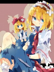 Rule 34 | 1girl, alice margatroid, bandaid, blonde hair, blue dress, blue eyes, bow, bruise, bruise on face, capelet, closed mouth, commentary request, dress, expressionless, feet out of frame, frilled hairband, frilled ribbon, frills, hair bow, hairband, highres, injury, knees up, long sleeves, looking at viewer, medium hair, necktie, nikorashi-ka, one-hour drawing challenge, red bow, red necktie, red ribbon, ribbon, sad, shanghai doll, shirt, short sleeves, socks, solo, tearing up, torn clothes, touhou, white capelet, white shirt, white socks, wrist cuffs