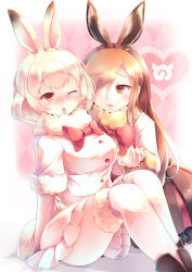Rule 34 | 10s, 2girls, :3, ;o, absurdres, animal ears, arctic hare (kemono friends), argyle, argyle background, argyle clothes, blonde hair, blush, bow, bowtie, brown eyes, brown hair, commentary, european hare (kemono friends), extra ears, fur-trimmed sleeves, fur collar, fur trim, hair over one eye, heart, heart-shaped pupils, highres, japari symbol, kanzakietc, kemono friends, long hair, looking at another, multiple girls, nose blush, one eye closed, orange eyes, parted lips, pink background, pleated skirt, rabbit ears, red neckwear, short hair, sitting, skirt, smile, symbol-shaped pupils, yuri