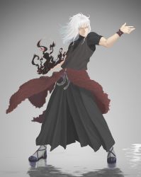 Rule 34 | 1boy, black fire, ciel-nuage, facial mark, fire, grey background, highres, long hair, male focus, original, parted lips, pelt, reflection, ripples, smile, smirk, solo, standing, turtleneck, water, white hair, yellow eyes