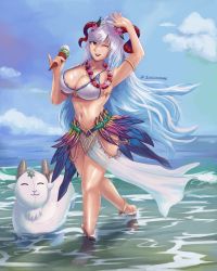 Rule 34 | 1girl, absurdres, anklet, bikini, breasts, cleavage, cloud, cloudy sky, fire emblem, fire emblem heroes, food, freyja (fire emblem), goat, highres, horns, ice cream, inflatable toy, jewelry, large breasts, navel, nintendo, partially submerged, skirt, sky, smile, solo, swimsuit