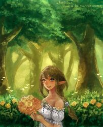 Rule 34 | bad drawr id, bad id, bouquet, brown hair, bug, bush, butterfly, character request, copyright request, day, dress, em (emily), english text, flower, forest, holding, holding bouquet, insect, long hair, looking at viewer, nature, oekaki, open mouth, orange flower, orange rose, original, ponytail, rose, strapless, strapless dress, thank you, tree, white dress, yellow flower, yellow rose