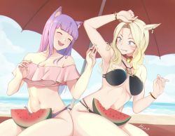 Rule 34 | 2girls, absurdres, animal ears, arm up, warrior of light (ff14), bare shoulders, bell, bikini, black bikini, blonde hair, blue eyes, bracelet, breasts, cat ears, cleavage, closed eyes, commission, day, earrings, facial mark, final fantasy, final fantasy xiv, food, fruit, highres, jewelry, long hair, looking at another, medium breasts, miqo&#039;te, mismatched bikini, multiple girls, navel, neck bell, open mouth, outdoors, parasol, purple hair, senacolada, sitting, swimsuit, umbrella, watermelon, whisker markings