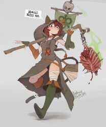 Rule 34 | absurdres, animal ears, arbuz budesh, bandaged leg, bandages, blood, blush, boots, brown eyes, brown hair, cat ears, cat girl, cat tail, highres, knee boots, nathy, nurgle, ragged clothes, tail