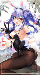 Rule 34 | 1girl, :d, absurdres, animal ear fluff, ass, black gloves, black leotard, blue hair, blush, braid, breasts, brown pantyhose, carrot hair ornament, cellphone, commentary request, detached sleeves, don-chan (usada pekora), earphones, fingerless gloves, flower, food-themed hair ornament, fur scarf, gloves, hair between eyes, hair ornament, haruhina purple, highres, hololive, hololive fantasy, implied extra ears, leotard, long hair, looking at viewer, medium breasts, multicolored hair, nail polish bottle, open mouth, pantyhose, pekomon (usada pekora), phone, playboy bunny, rabbit girl, rabbit tail, recording, red eyes, short eyebrows, short hair, smartphone, smile, solo, strapless, strapless leotard, streaked hair, tail, thick eyebrows, twin braids, twintails, usada pekora, usada pekora (1st costume), virtual youtuber, white flower, white hair