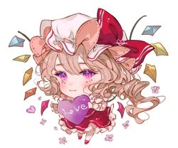 Rule 34 | 1girl, blonde hair, blush, bow, chibi, crystal, flandre scarlet, frills, full body, hat, hat bow, heart, holding, light smile, majamari, mob cap, petticoat, puffy short sleeves, puffy sleeves, red bow, red footwear, red ribbon, red skirt, red vest, ribbon, shirt, short sleeves, simple background, skirt, solo, touhou, vest, white background, white hat, white legwear, wings