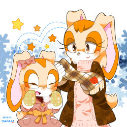 Rule 34 | 2girls, animal ears, bow, brown eyes, closed eyes, cream the rabbit, furry, furry female, holding, holding clothes, holding scarf, kusunoki cherry, multiple girls, pink sweater, rabbit ears, rabbit girl, rabbit tail, scarf, smile, snowflake background, sonic (series), star (symbol), sweater, tail, vanilla the rabbit, winter, winter clothes