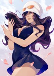 Rule 34 | 1girl, absurdres, bare shoulders, black dress, black hair, breasts, cleavage, dress, eyewear on headwear, falling petals, fingernails, floating hair, from below, highres, large breasts, lips, long hair, looking at viewer, medium breasts, nico robin, one piece, open mouth, petals, pink petals, signature, sky, sleeveless, solo, thighs, vonnabeee, white headwear, x arms