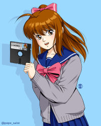 Rule 34 | 1980s (style), 1girl, ahoge, blue background, blue sailor collar, blue skirt, bow, brown eyes, brown hair, cardigan, character request, collarbone, commentary, copyright request, english commentary, facing viewer, floppy disk, grey cardigan, hair bow, jose salot, long hair, looking at viewer, oldschool, pink bow, pleated skirt, ponytail, retro artstyle, sailor collar, school uniform, serafuku, simple background, skirt, smile, solo, standing, teeth, upper body, upper teeth only