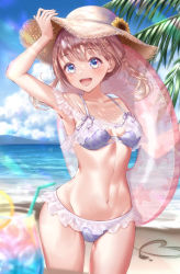 Rule 34 | 1girl, :d, arm up, bad id, bad pixiv id, beach, bikini, blonde hair, blurry, blush, breasts, collarbone, cowboy shot, day, depth of field, drinking straw, flower, frilled bikini, frills, glass, hair ornament, hairclip, hand on headwear, hand up, hat, hat flower, highres, holding, holding swim ring, innertube, lens flare, light particles, looking at viewer, mountainous horizon, navel, open mouth, original, outdoors, over shoulder, palm leaf, purple bikini, sand, sand writing, small breasts, smile, solo, standing, straw hat, sunflower, sunlight, swim ring, swimsuit, teira (fxrw4548), transparent, twintails, wide hips