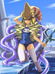 Rule 34 | 1girl, arm up, capcom, capcom fighting jam, cloud, day, flat chest, genderswap, genderswap (mtf), hat, highres, ice, kneeling, long hair, midnight bliss, nool, one-piece swimsuit, outdoors, polearm, red eyes, school swimsuit, sky, solo, spear, squid, swimsuit, tentacles, tetsu (kimuchi), thighhighs, trident, wading, warzard, water, wavy hair, weapon, white thighhighs, zettai ryouiki
