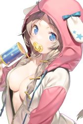 Rule 34 | 1girl, animal hood, blue eyes, breasts, cleavage, commentary, highres, holding, holding rattle, hood, hood up, hooded jacket, jacket, light brown hair, long hair, looking at viewer, medium breasts, natasha (pommier), original, pacifier, parted bangs, partially unzipped, rattle, simple background, solo, symbol-only commentary, twintails, underwear, upper body, white background, white jacket