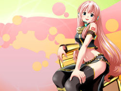 Rule 34 | blue eyes, headset, highres, long hair, megurine luka, midriff, open mouth, pink hair, ponnetsu, shiny skin, sitting, smile, solo, thighhighs, very long hair, vocaloid