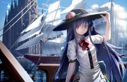Rule 34 | 1girl, black headwear, blue hair, blue sky, building, cathedral, day, expressionless, hand on headwear, highres, hinanawi tenshi, long hair, looking at viewer, neck ribbon, red eyes, red ribbon, ribbon, ryosios, ship, shirt, short sleeves, sky, solo, touhou, watercraft, white shirt