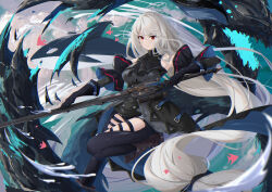 Rule 34 | 1girl, arknights, ascot, bare shoulders, black ascot, black footwear, black gloves, black pants, boots, breasts, clothing cutout, commentary request, foot out of frame, gloves, grey hair, hair between eyes, highres, holding, holding sword, holding weapon, large breasts, leggings, long hair, looking at viewer, no headwear, pants, red eyes, sin., skadi (arknights), skadi (elite ii) (arknights), solo, sword, thigh cutout, thighs, very long hair, weapon