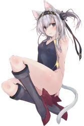 Rule 34 | 1girl, animal ears, black footwear, black one-piece swimsuit, boots, breasts, brown eyes, cat ears, cat tail, commentary request, competition swimsuit, grey footwear, headband, kantai collection, kemonomimi mode, knee boots, long hair, looking at viewer, one-piece swimsuit, one side up, revision, rudder footwear, silver hair, simple background, small breasts, solo, suzutsuki (kancolle), swimsuit, tail, white background, yumesato makura