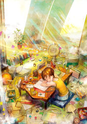 Rule 34 | 1girl, bag, ball, bandaid, blonde hair, book, cat, clock, cup, digital clock, drinking glass, drinking straw, eraser, closed eyes, hand fan, highres, light rays, messy room, neyagi, open mouth, original, pencil, plant, potted plant, short hair, shorts, slipping, solo, star (symbol), sunbeam, sunlight, table, tissue, tissue box