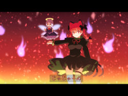 Rule 34 | &gt; &lt;, 2girls, :3, :d, > <, animal ears, black dress, braid, breasts, cat ears, cat tail, cato (monocatienus), commentary, dress, extra ears, closed eyes, fairy, fairy wings, fire, fire, hair ribbon, halo, hitodama, juliet sleeves, kaenbyou rin, large breasts, letterboxed, light purple hair, long hair, long sleeves, looking at viewer, multiple girls, multiple tails, open mouth, outstretched arm, outstretched arms, puffy sleeves, red eyes, red hair, ribbon, shaded face, smile, smirk, tail, thigh strap, thighs, touhou, translated, twin braids, two tails, wings, xd, zombie fairy (touhou), zombie pose