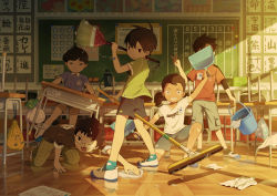 Rule 34 | &gt; &lt;, 5boys, bag, bandaid, bandaid on arm, black hair, bottle, broom, brown hair, bucket, child, classroom, cleaning, commentary request, desk, dustpan, english text, faceless, faceless male, glasses, green shirt, holding, holding broom, holding dustpan, indoors, looking at viewer, lower teeth only, male focus, multiple boys, noeyebrow (mauve), open mouth, original, pants, plaid, plaid pants, rag, school desk, shirt, short sleeves, shorts, standing, sweeping, tan, tanline, teeth, tile floor, tiles, upper teeth only, v, water bottle, white footwear, whiteboard