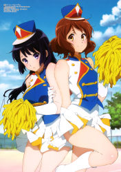 Rule 34 | 10s, 2girls, :o, absurdres, arm grab, band uniform, bare legs, bare shoulders, black hair, blush, boots, breasts, brown eyes, brown hair, cloud, day, friends, gloves, hat, hibike! euphonium, highres, hime cut, holding another&#039;s arm, knee boots, kousaka reina, leg lift, legs, long hair, looking at viewer, majorette, medium breasts, multiple girls, official art, oumae kumiko, outdoors, pom pom (cheerleading), purple eyes, sawa shinpei, shako cap, shiny skin, short hair, shy, skirt, sky, sleeveless, small breasts, smile, standing, standing on one leg, uniform, white footwear, white gloves, yuri
